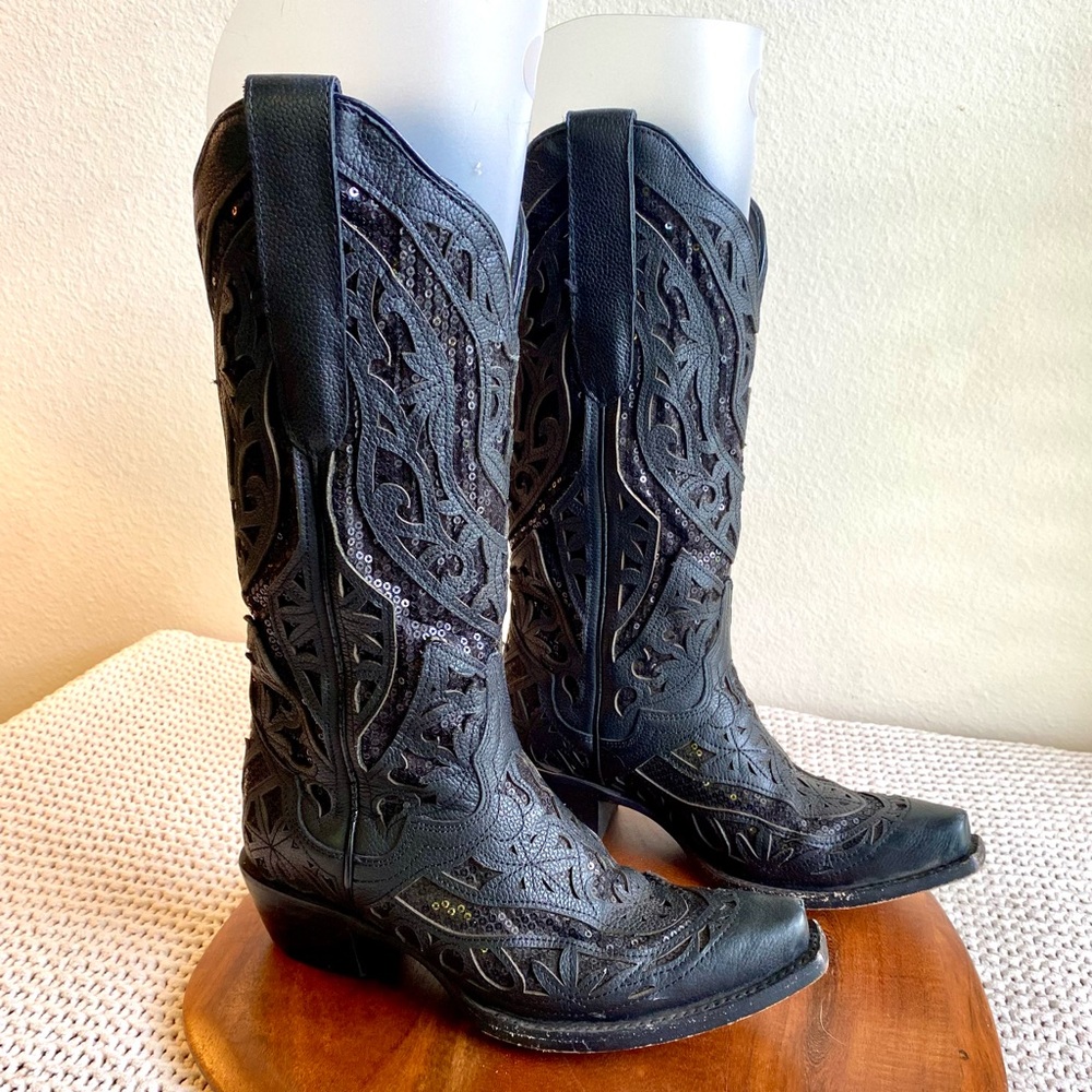 J.B. Dillon Black Embroidered Sequin Western Heeled Boots